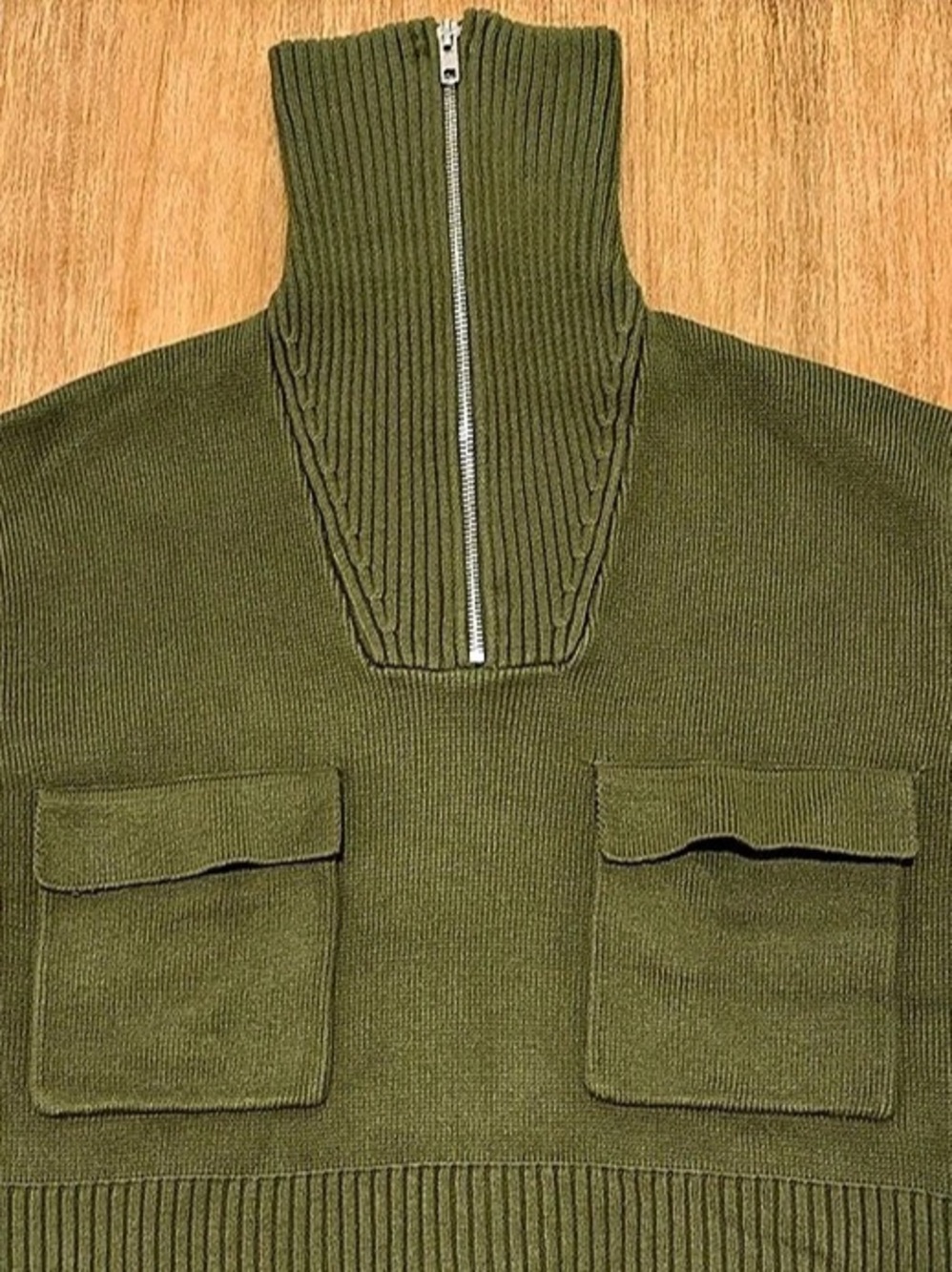 Zara Mock Neck Zip Knit Sweater Olive Green